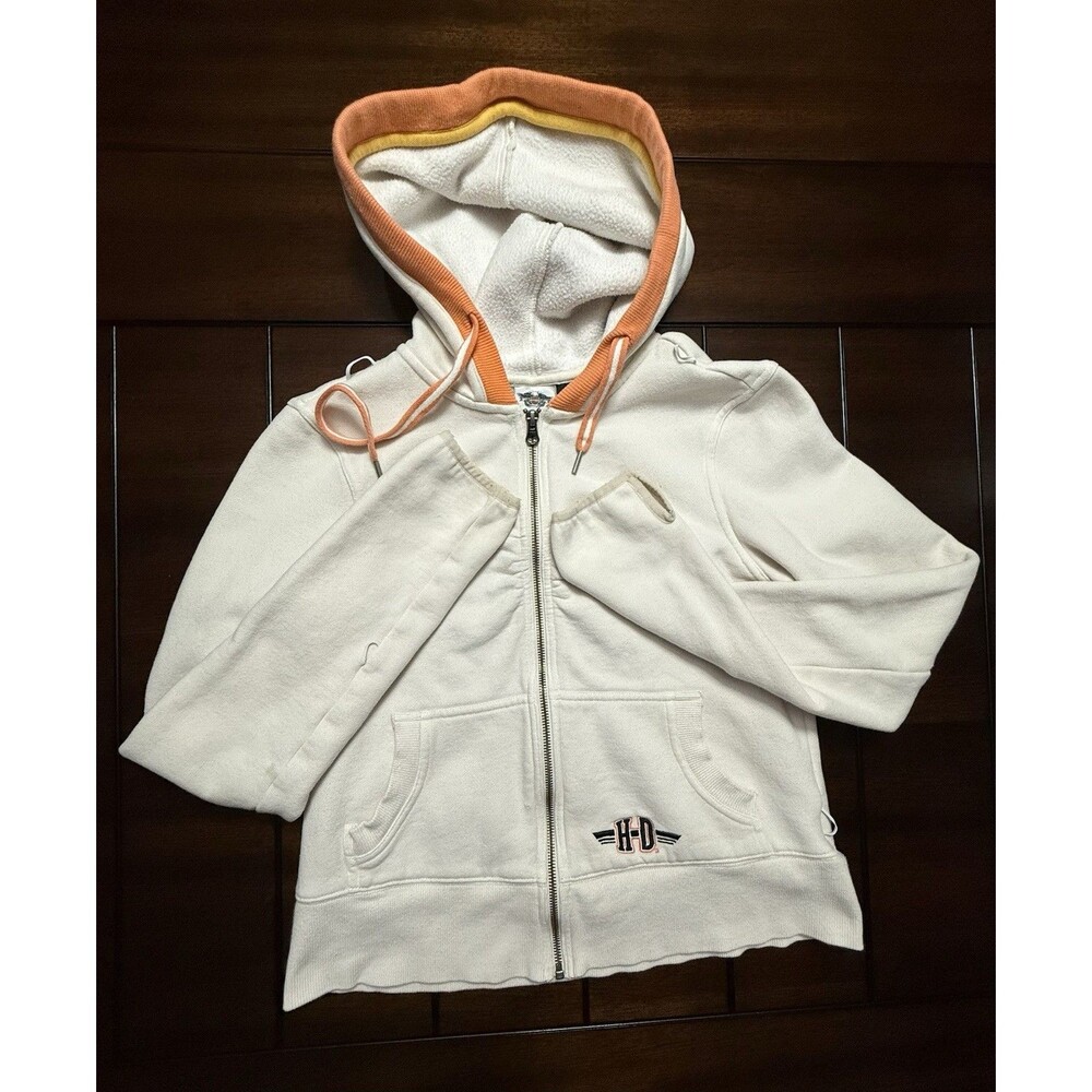 🔥Harley-Davidson Hoodie Women's M Full Zip Black Embroidered Y2K HD Cream